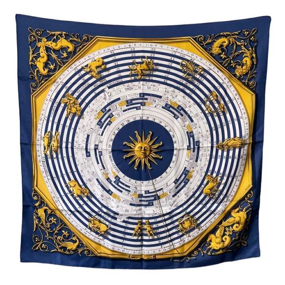 Vintage Hermès silk scarf Dies Et Hore Horoscope By Facconet Navy Blue Gold - Picture 10 of 15